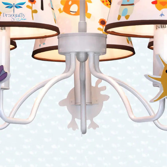 Fabric Tapered Shade Hanging Lights Cartoon Ceiling Lamp In White For Bedroom