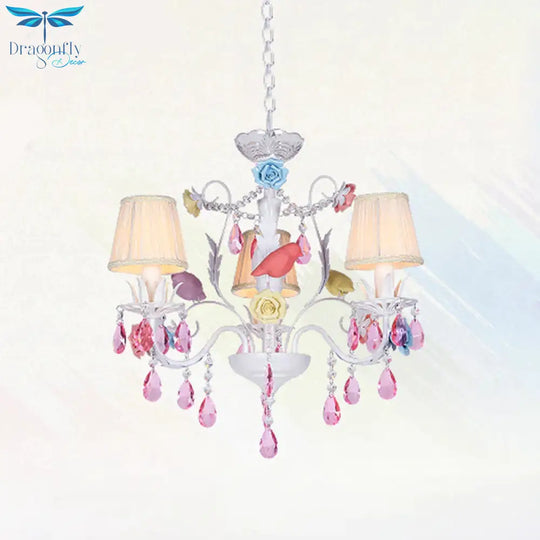 Fabric White Suspension Light Pleated Shade 3/8 Lights Korean Garden Pendant Chandelier With Pink