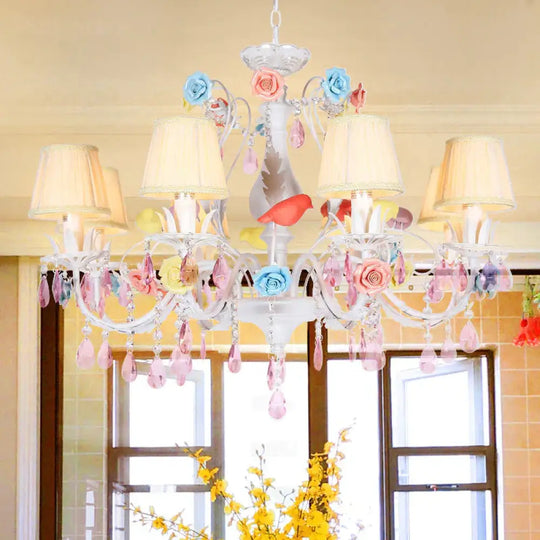 Fabric White Suspension Light Pleated Shade 3/8 Lights Korean Garden Pendant Chandelier With Pink