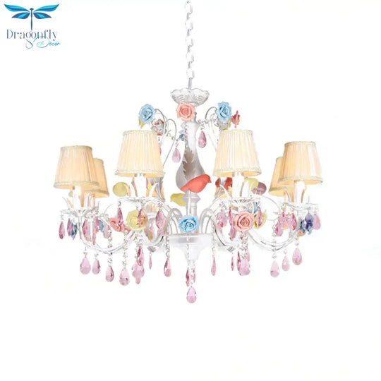 Fabric White Suspension Light Pleated Shade 3/8 Lights Korean Garden Pendant Chandelier With Pink