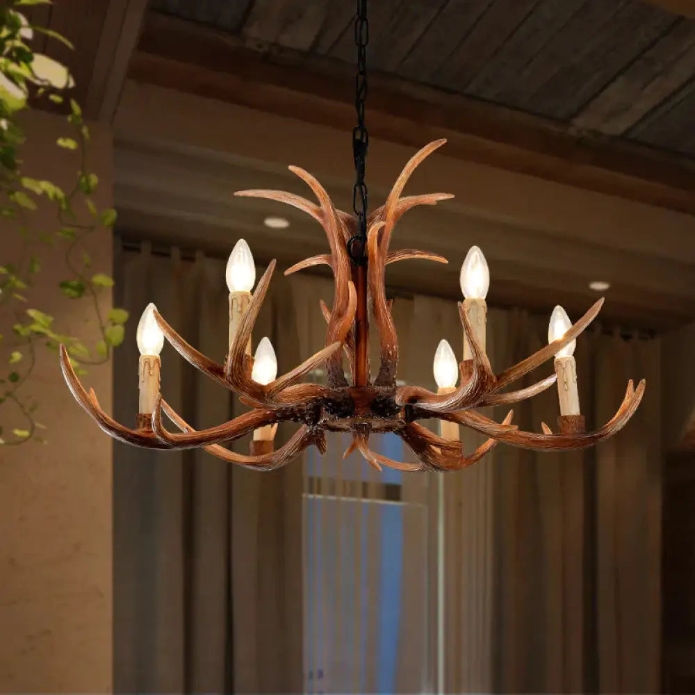 Faux Antler Bedroom Drop Lamp Traditional Resin 4/6/8 Bulbs Brown Chandelier Pendant Light 6 /