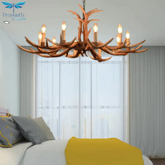 Faux Antler Bedroom Drop Lamp Traditional Resin 4/6/8 Bulbs Brown Chandelier Pendant Light