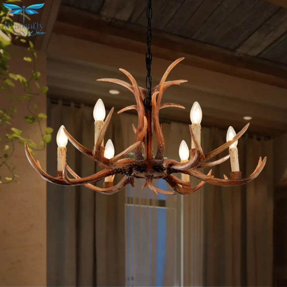 Faux Antler Bedroom Drop Lamp Traditional Resin 4/6/8 Bulbs Brown Chandelier Pendant Light