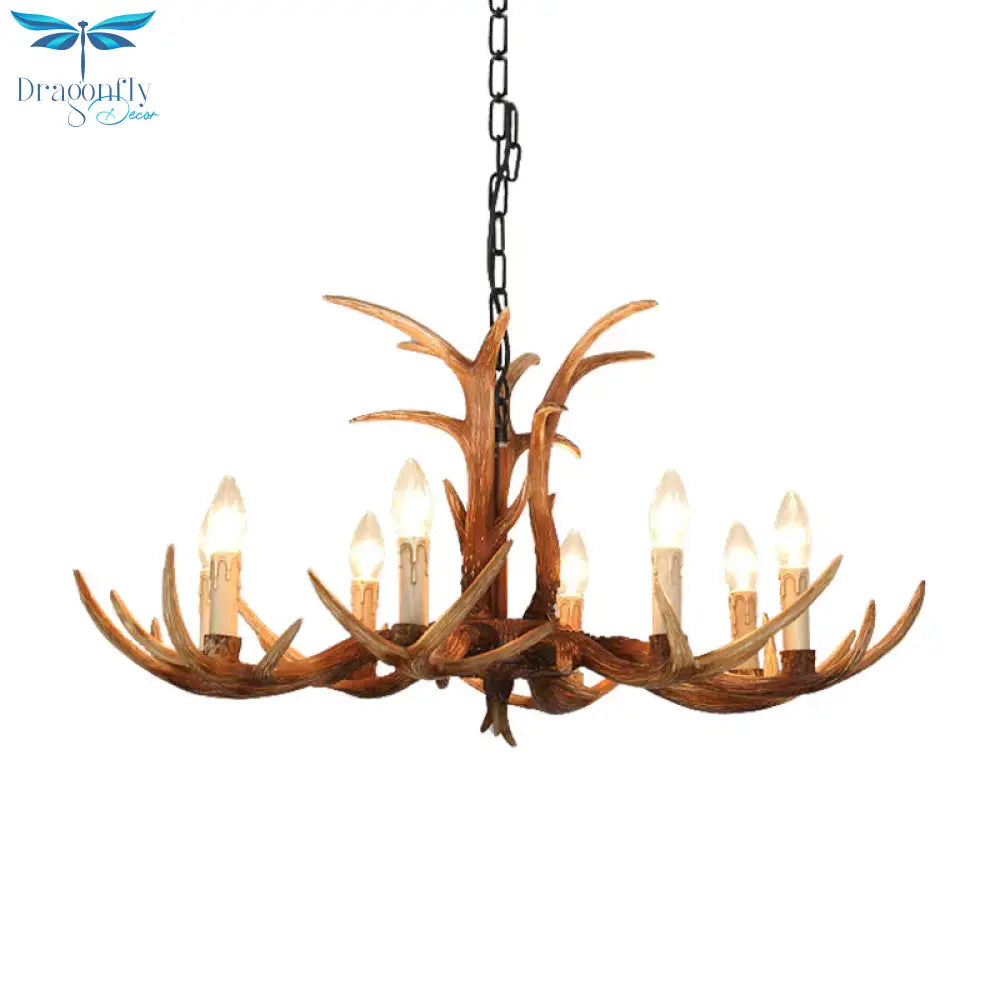 Faux Antler Bedroom Drop Lamp Traditional Resin 4/6/8 Bulbs Brown Chandelier Pendant Light