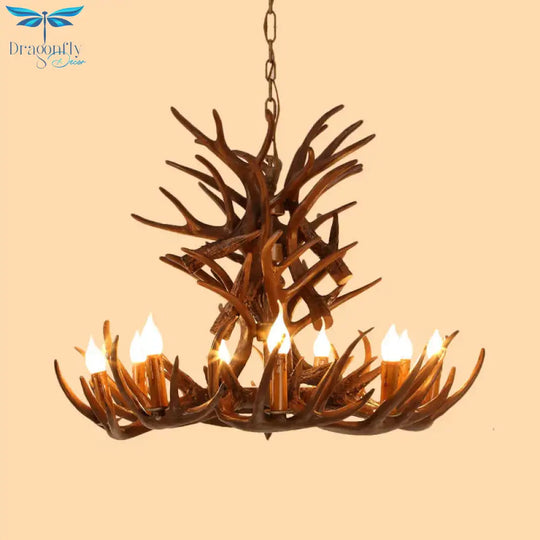 Faux Antler Resin Chandelier Lighting Cottage 9/12 Heads Restaurant Hanging Pendant Light In Brown