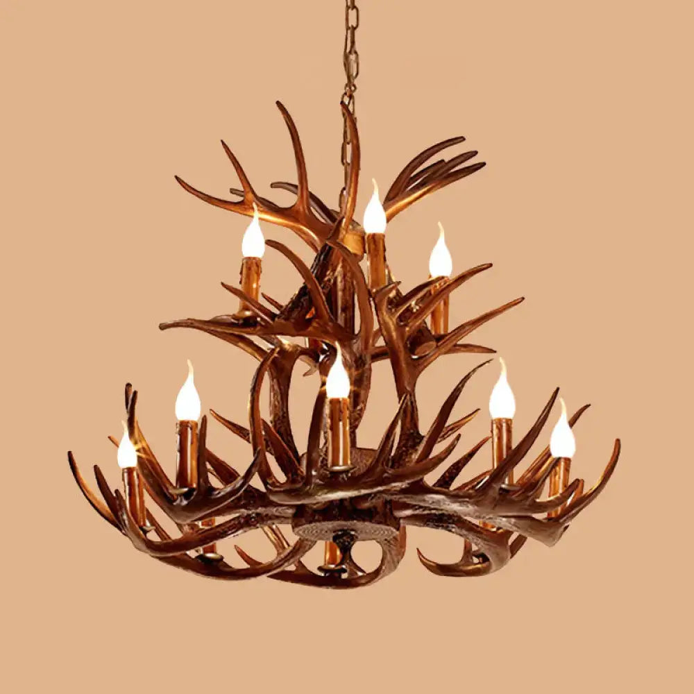 Faux Antler Resin Chandelier Lighting Cottage 9/12 Heads Restaurant Hanging Pendant Light In Brown