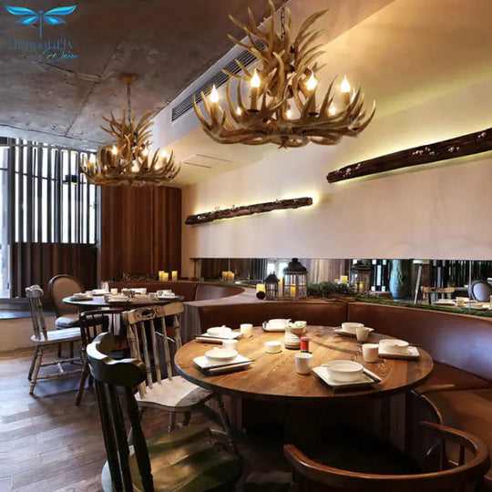 Faux Antler Resin Chandelier Lighting Cottage 9/12 Heads Restaurant Hanging Pendant Light In Brown
