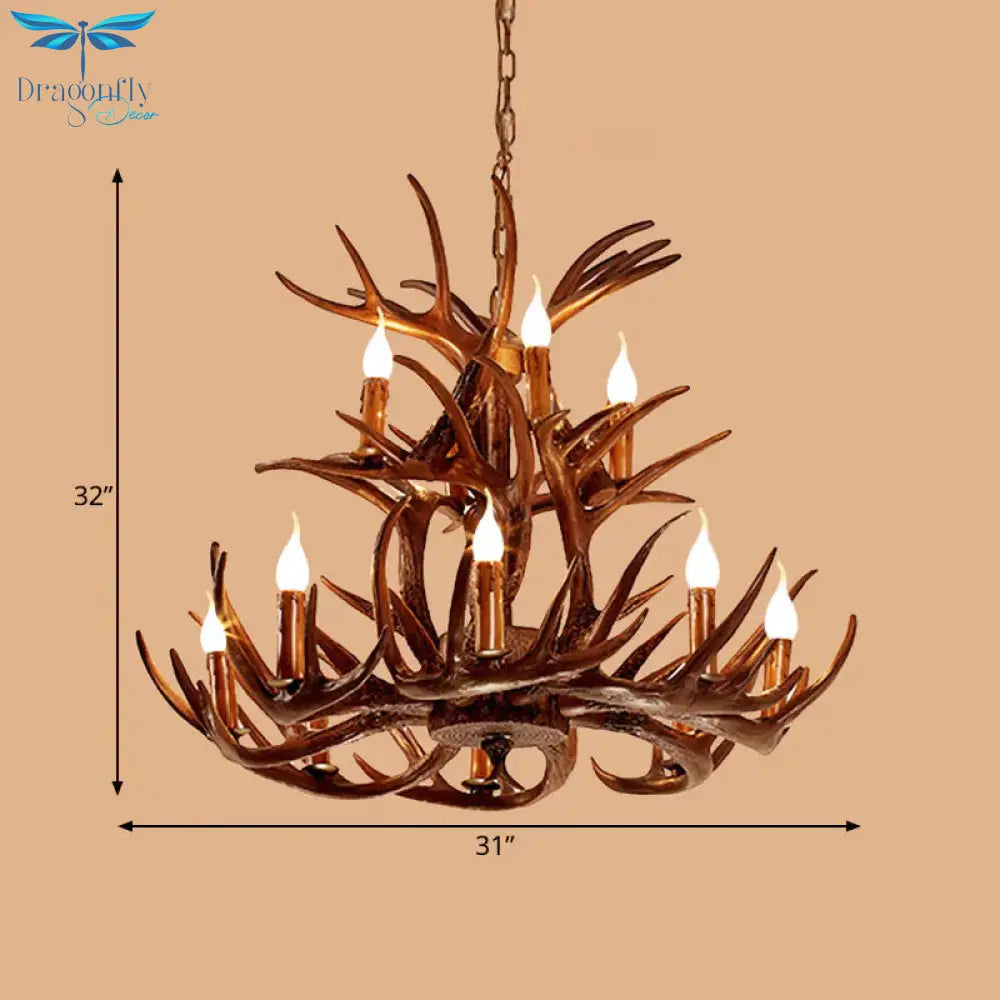 Faux Antler Resin Chandelier Lighting Cottage 9/12 Heads Restaurant Hanging Pendant Light In Brown