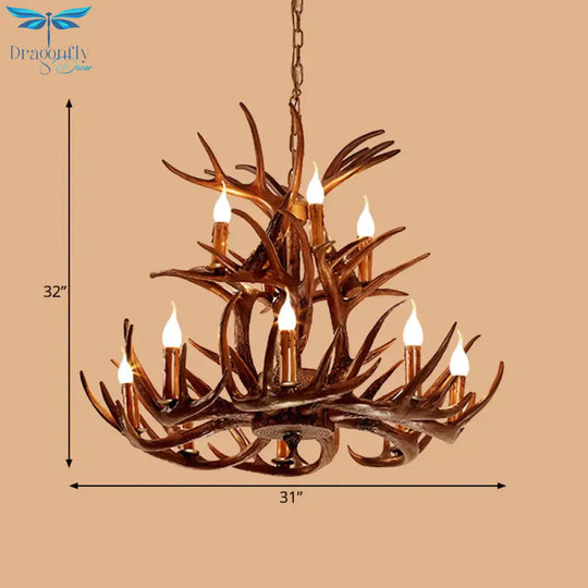 Faux Antler Resin Chandelier Lighting Cottage 9/12 Heads Restaurant Hanging Pendant Light In Brown