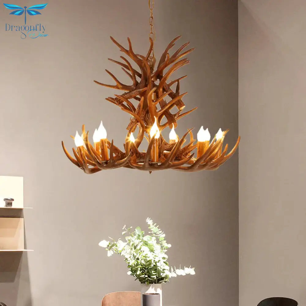 Faux Antler Resin Chandelier Lighting Cottage 9/12 Heads Restaurant Hanging Pendant Light In Brown