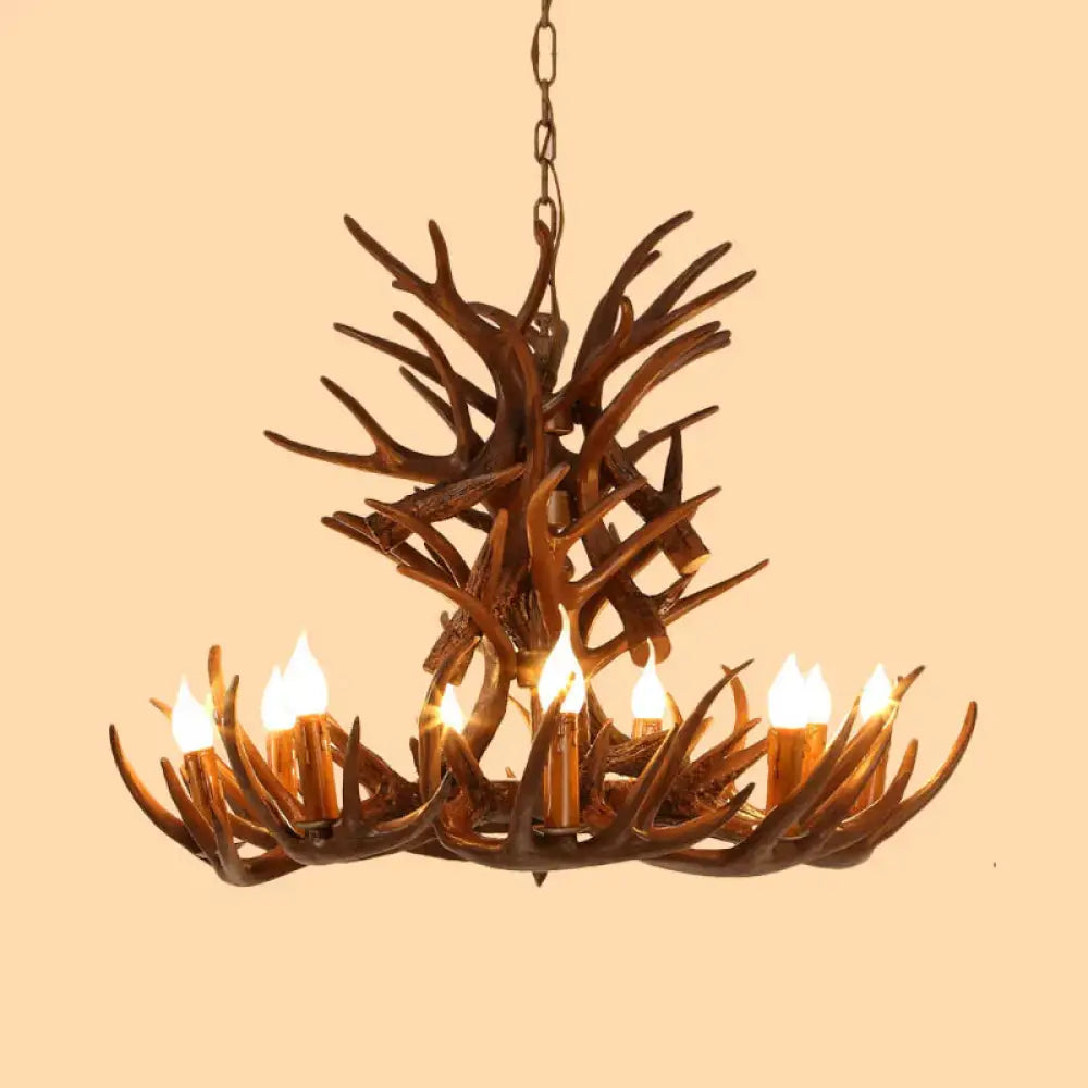 Faux Antler Resin Chandelier Lighting Cottage 9/12 Heads Restaurant Hanging Pendant Light In Brown