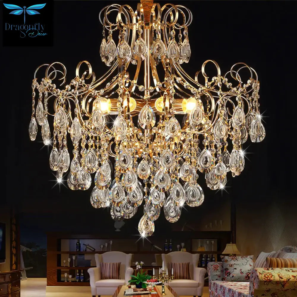 Flared Ceiling Light Fixture Postmodern Metal 5 Lights Gold Chandelier With Teardrop Crystal Accent