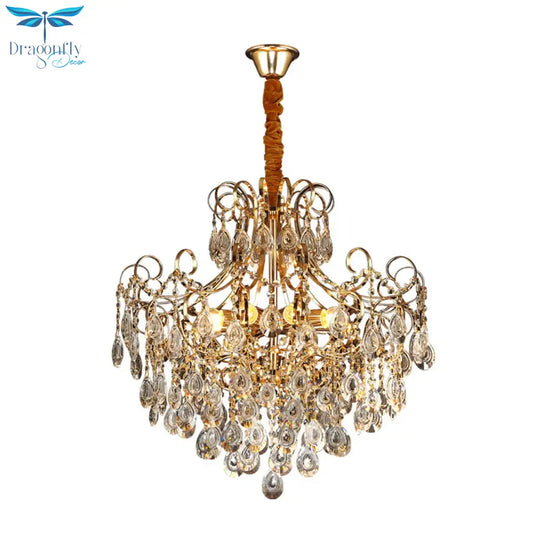 Flared Ceiling Light Fixture Postmodern Metal 5 Lights Gold Chandelier With Teardrop Crystal Accent