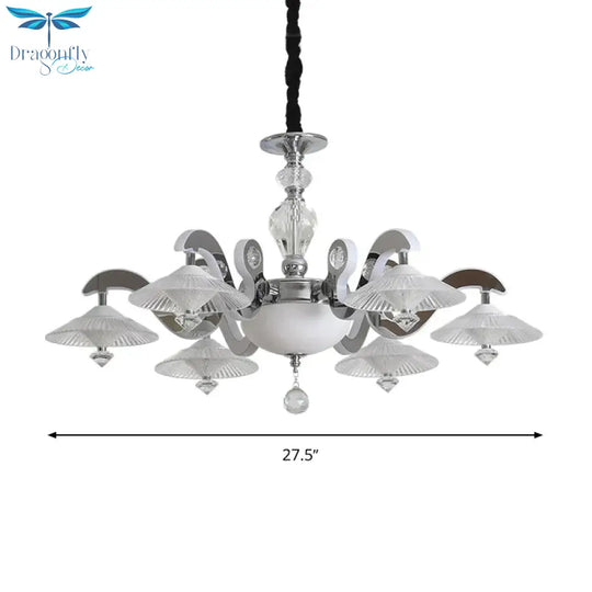 Flared Dining Room Pendant Ceiling Light Simple Ridged Crystal 6 Heads Chrome Hanging Chandelier