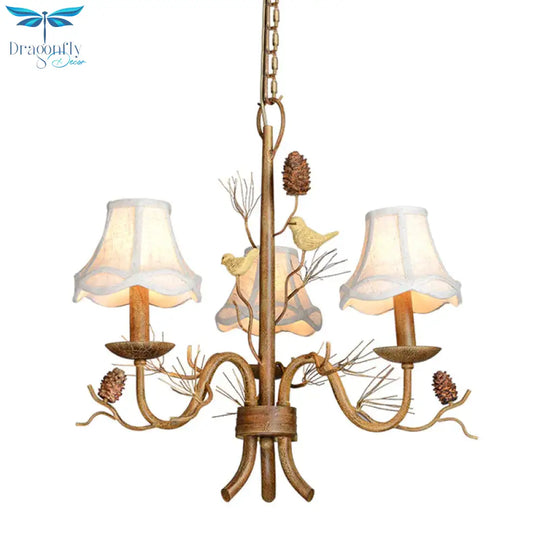 Flared Fabric Hanging Chandelier Rural 3 - Light Dining Room Pendant With Bird And Pinecone