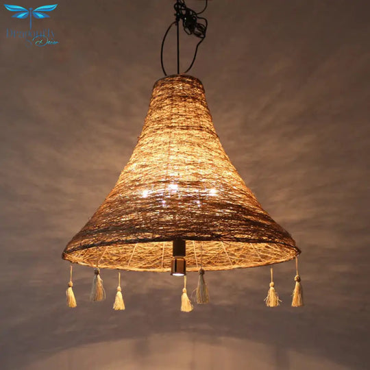 Flared Manila Rope Suspension Pendant Asian 23.5’/31.5’ Width 3 Bulbs Yellow Chandelier Light