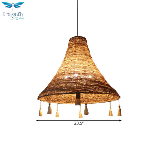 Flared Manila Rope Suspension Pendant Asian 23.5’/31.5’ Width 3 Bulbs Yellow Chandelier Light