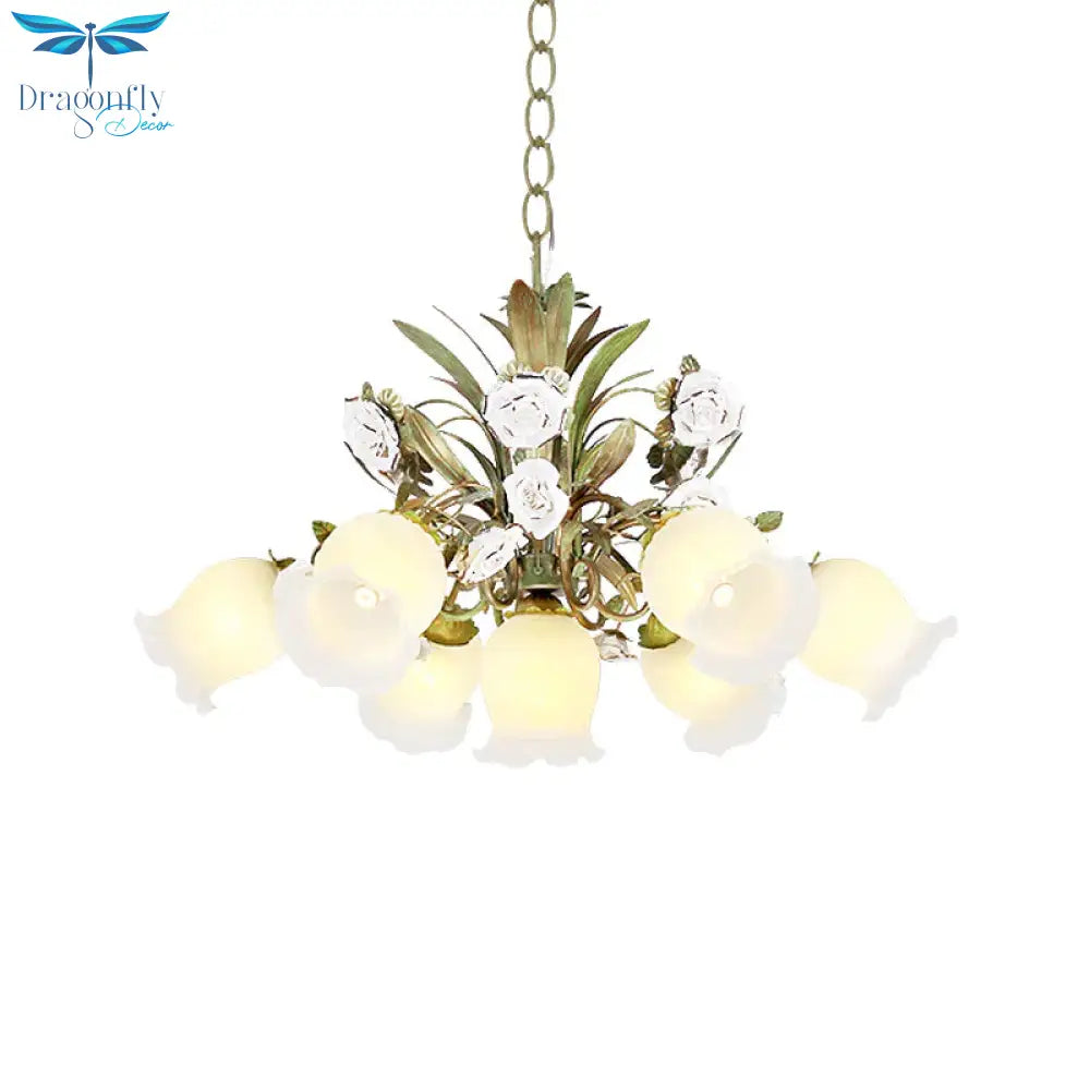 Floral Bedroom Chandelier Light Pastoral Metal 4/7 Heads Green Ceiling Lamp With Rose Decoration