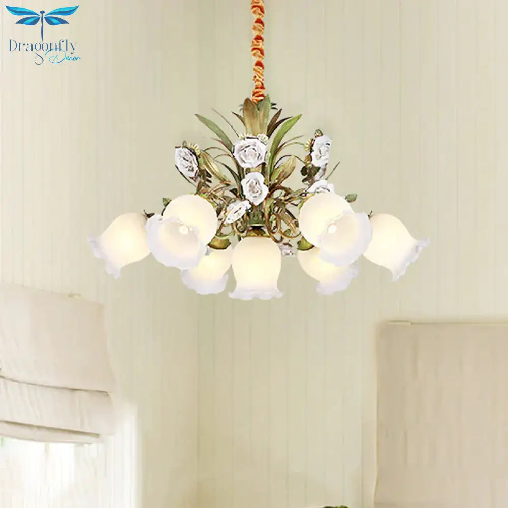 Floral Bedroom Chandelier Light Pastoral Metal 4/7 Heads Green Ceiling Lamp With Rose Decoration