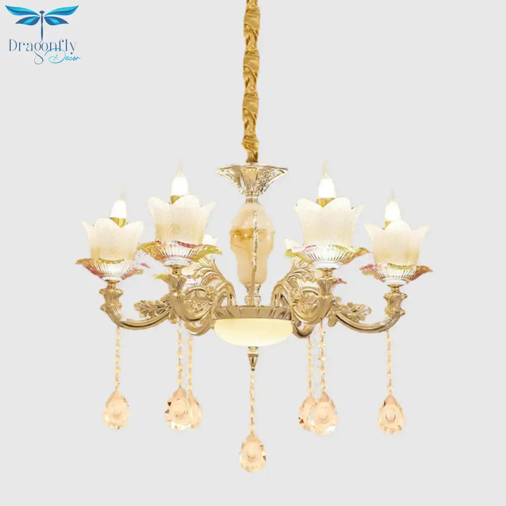 Floral Family Room Ceiling Chandelier Antique White Glass 6 - Head Gold Hanging Light Fixture