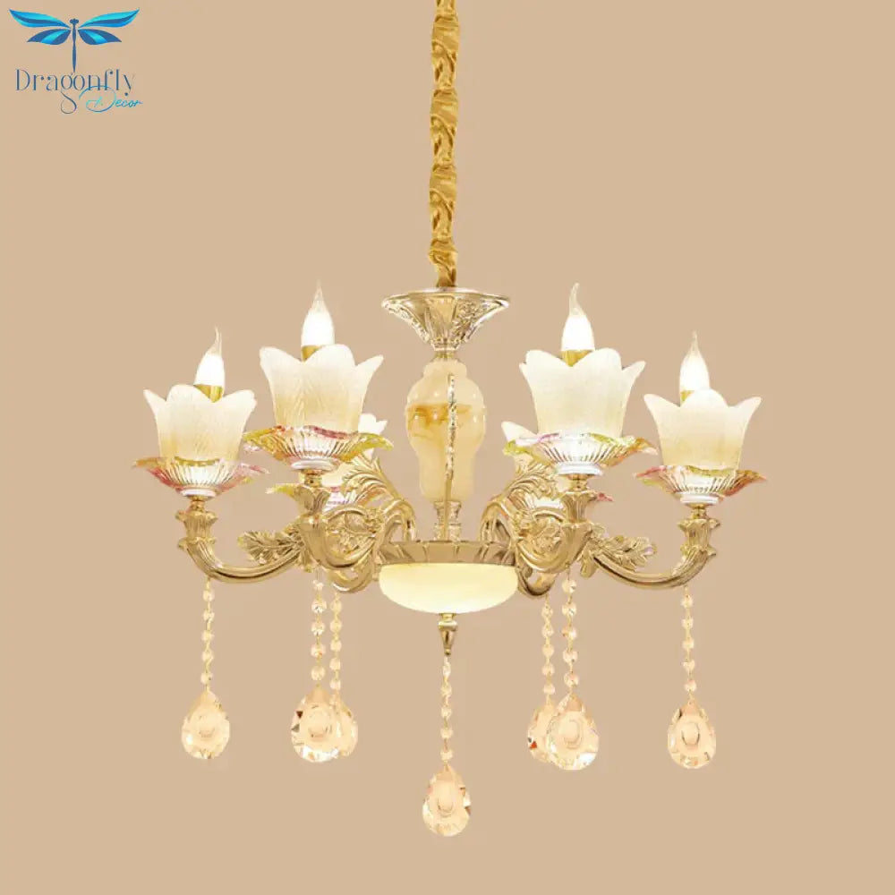 Floral Family Room Ceiling Chandelier Antique White Glass 6 - Head Gold Hanging Light Fixture
