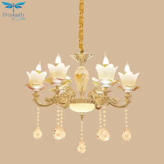 Floral Family Room Ceiling Chandelier Antique White Glass 6 - Head Gold Hanging Light Fixture