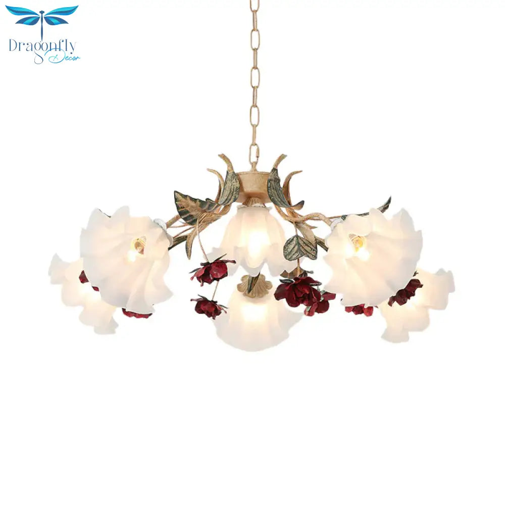 Floral Hallway Ceiling Chandelier American Garden Frosted Glass 4/6 - Head Red Pendant Lamp