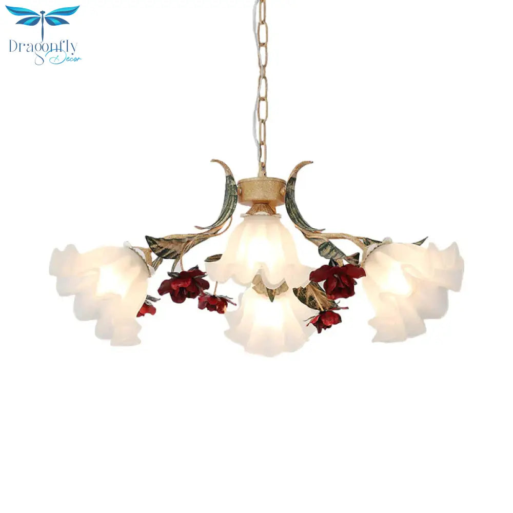 Floral Hallway Ceiling Chandelier American Garden Frosted Glass 4/6 - Head Red Pendant Lamp