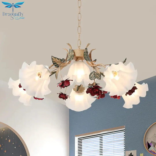 Floral Hallway Ceiling Chandelier American Garden Frosted Glass 4/6 - Head Red Pendant Lamp