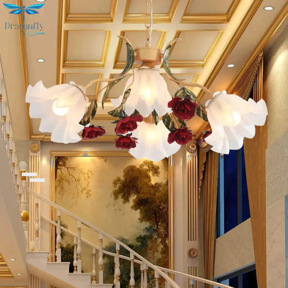 Floral Hallway Ceiling Chandelier American Garden Frosted Glass 4/6 - Head Red Pendant Lamp