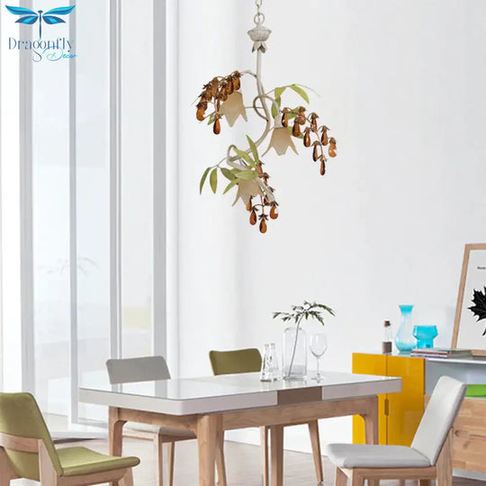 Floral Shape White Glass Chandelier Light Rustic 3 Lights Dining Room Hanging With Black/White Arm