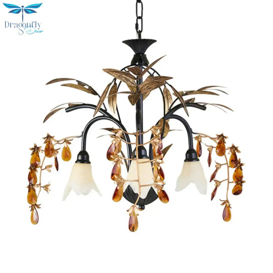 Floral Shape White Glass Chandelier Light Rustic 3 Lights Dining Room Hanging With Black/White Arm