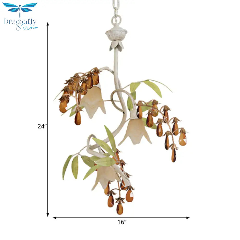 Floral Shape White Glass Chandelier Light Rustic 3 Lights Dining Room Hanging With Black/White Arm
