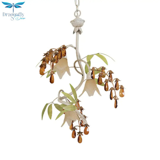Floral Shape White Glass Chandelier Light Rustic 3 Lights Dining Room Hanging With Black/White Arm