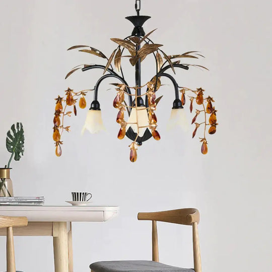 Floral Shape White Glass Chandelier Light Rustic 3 Lights Dining Room Hanging With Black/White Arm