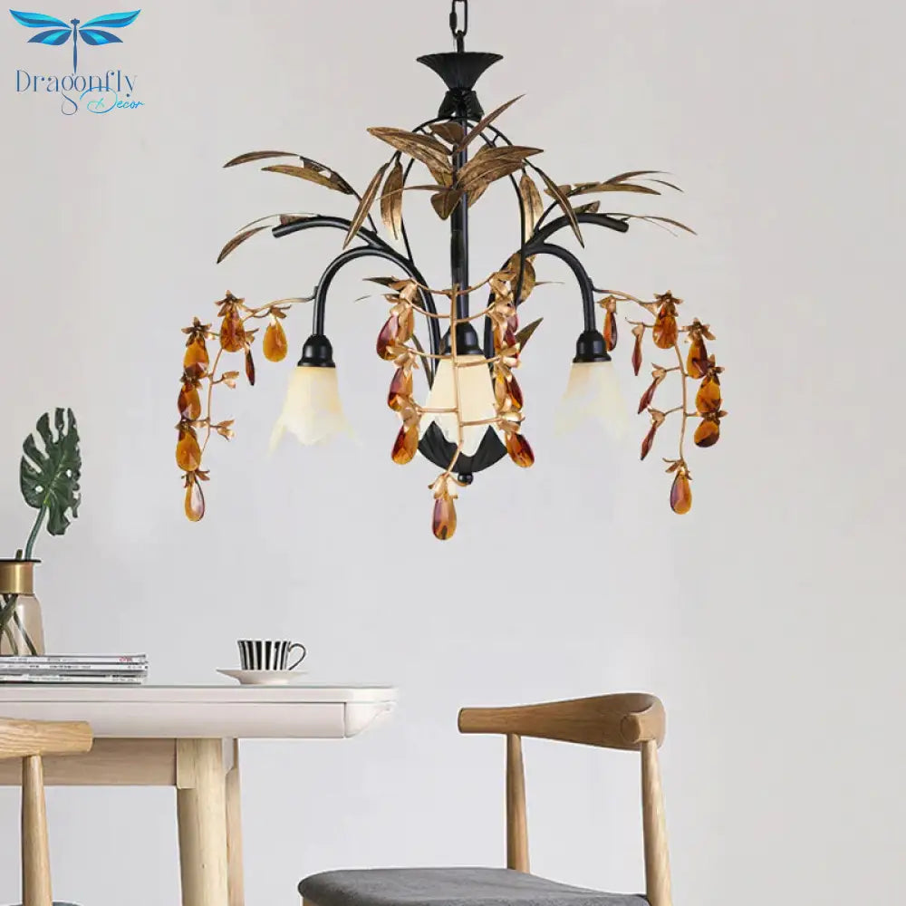 Floral Shape White Glass Chandelier Light Rustic 3 Lights Dining Room Hanging With Black/White Arm