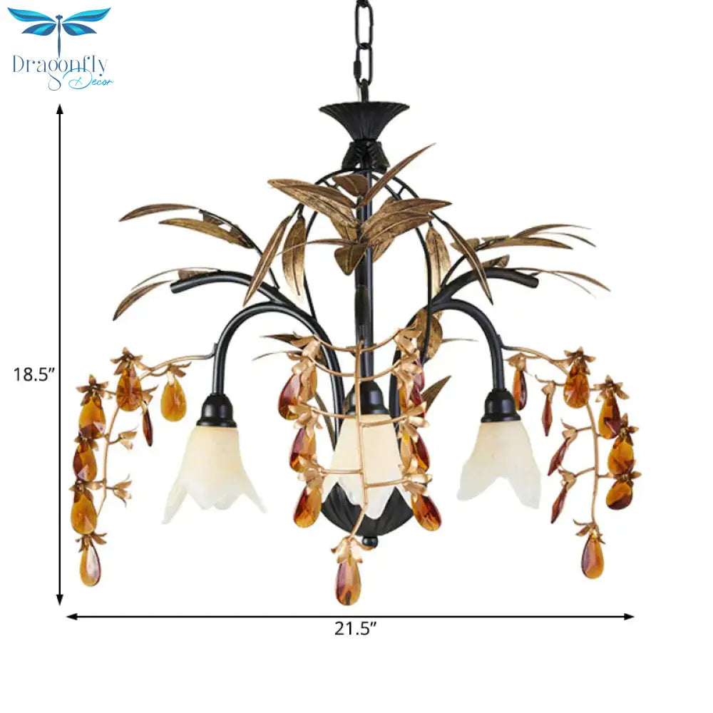 Floral Shape White Glass Chandelier Light Rustic 3 Lights Dining Room Hanging With Black/White Arm