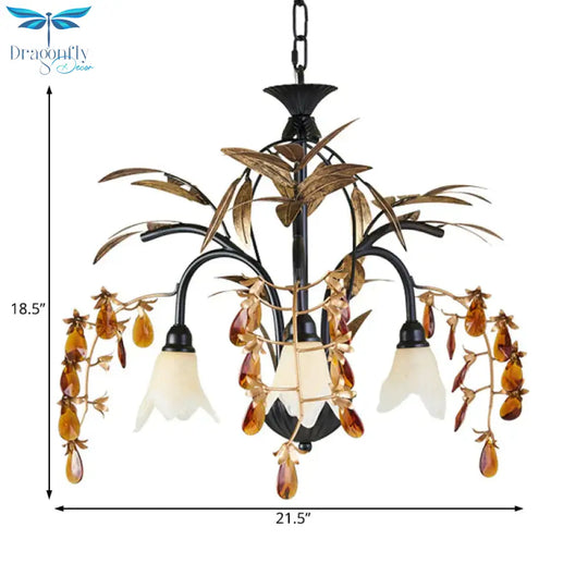 Floral Shape White Glass Chandelier Light Rustic 3 Lights Dining Room Hanging With Black/White Arm