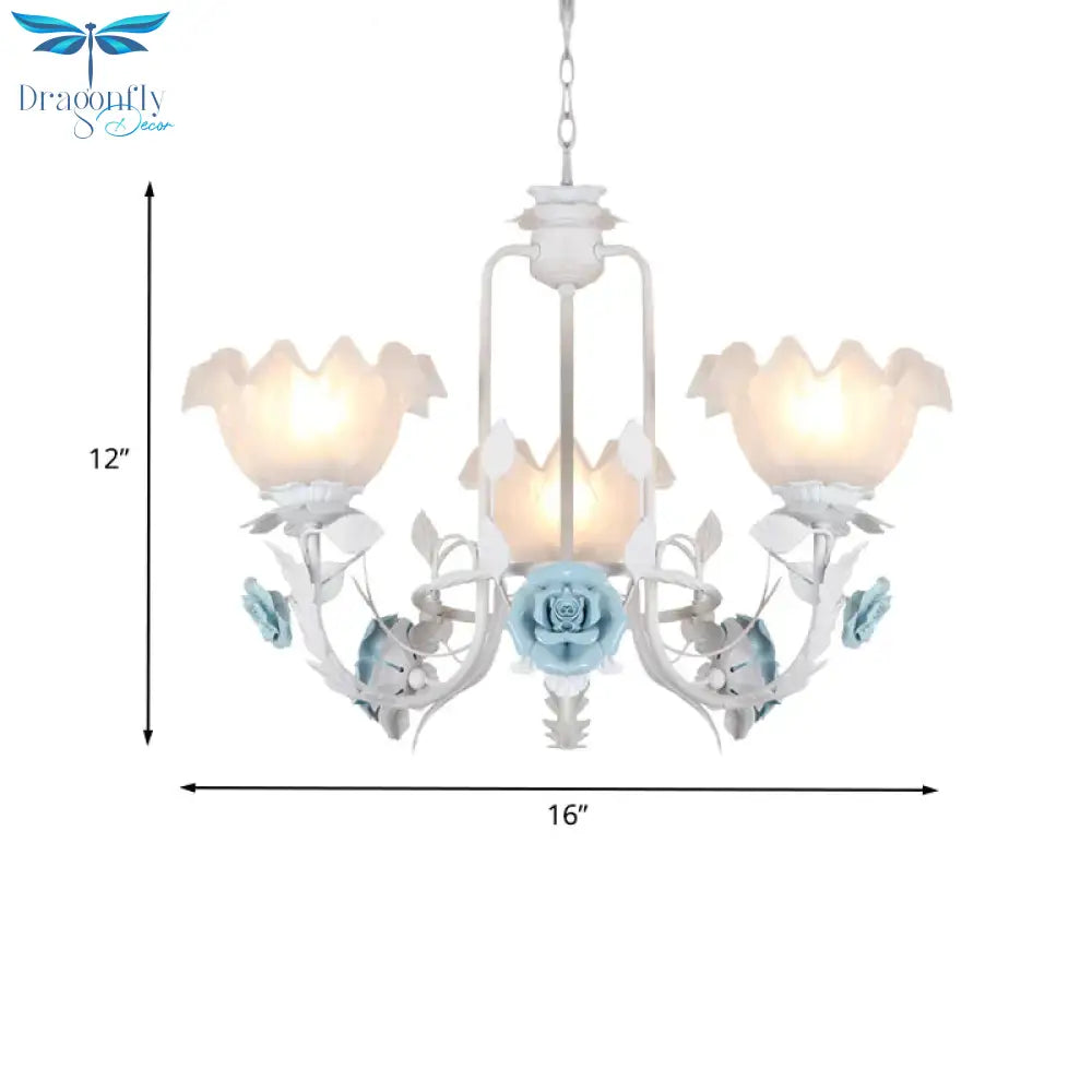 Floral White Glass Pendant Chandelier Pastoral Style 3/5 Bulbs Living Room Led Drop Lamp In Blue