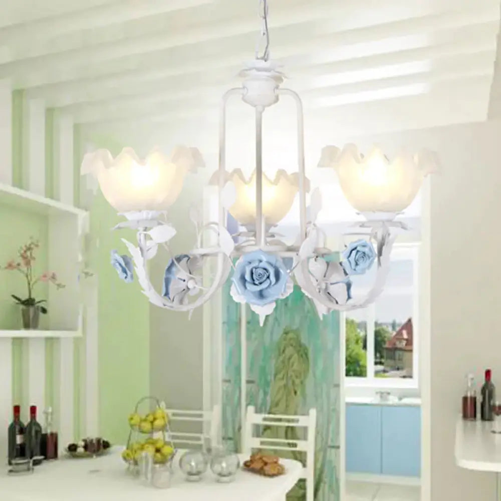 Floral White Glass Pendant Chandelier Pastoral Style 3/5 Bulbs Living Room Led Drop Lamp In Blue 3 /