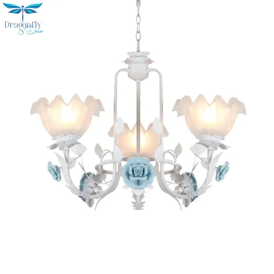 Floral White Glass Pendant Chandelier Pastoral Style 3/5 Bulbs Living Room Led Drop Lamp In Blue