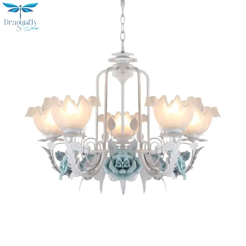 Floral White Glass Pendant Chandelier Pastoral Style 3/5 Bulbs Living Room Led Drop Lamp In Blue