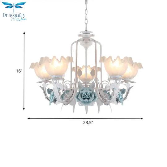 Floral White Glass Pendant Chandelier Pastoral Style 3/5 Bulbs Living Room Led Drop Lamp In Blue
