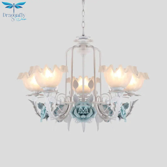 Floral White Glass Pendant Chandelier Pastoral Style 3/5 Bulbs Living Room Led Drop Lamp In Blue