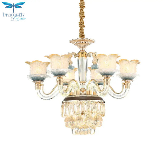 Flower Crystal Hanging Ceiling Light Traditional 8 - Bulb Living Room Chandelier Lamp In Gold