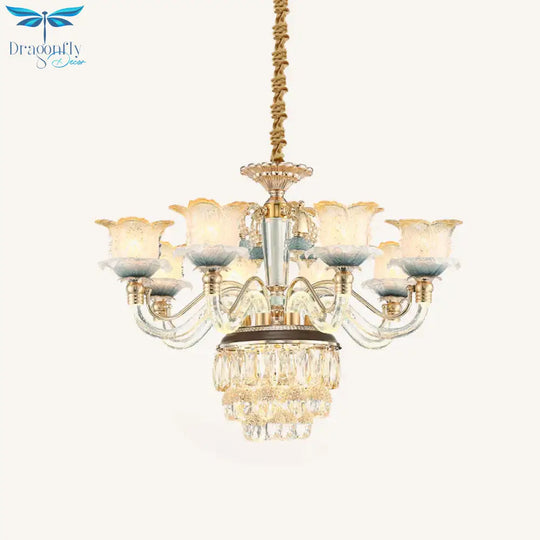 Flower Crystal Hanging Ceiling Light Traditional 8 - Bulb Living Room Chandelier Lamp In Gold