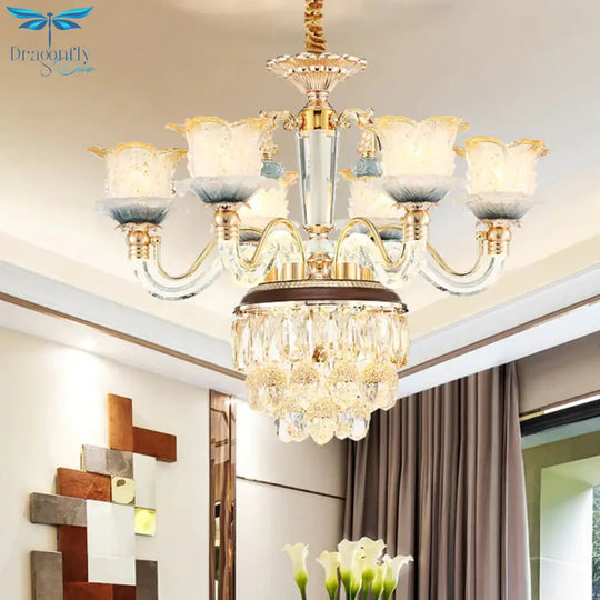 Flower Crystal Hanging Ceiling Light Traditional 8 - Bulb Living Room Chandelier Lamp In Gold
