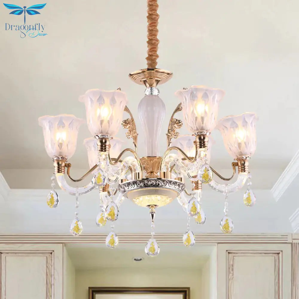 Flower Crystal Water Drops Hanging Light Kit Traditional 6 Bulbs Dinning Room Chandelier In Gold