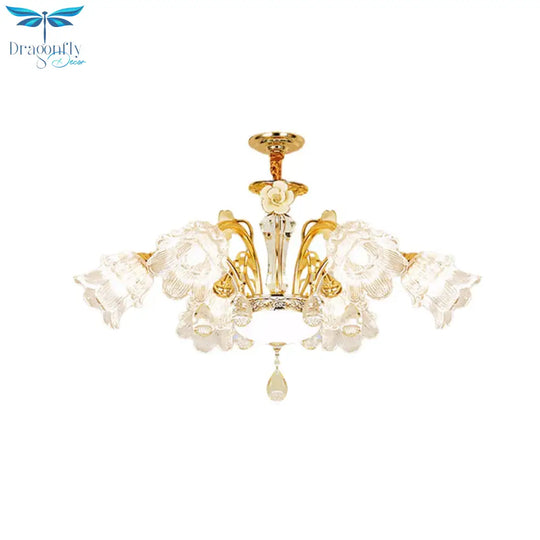 Flower Dining Room Chandelier Lamp Mid Century Clear Glass 3/6 - Bulb Gold Pendant With Crystal