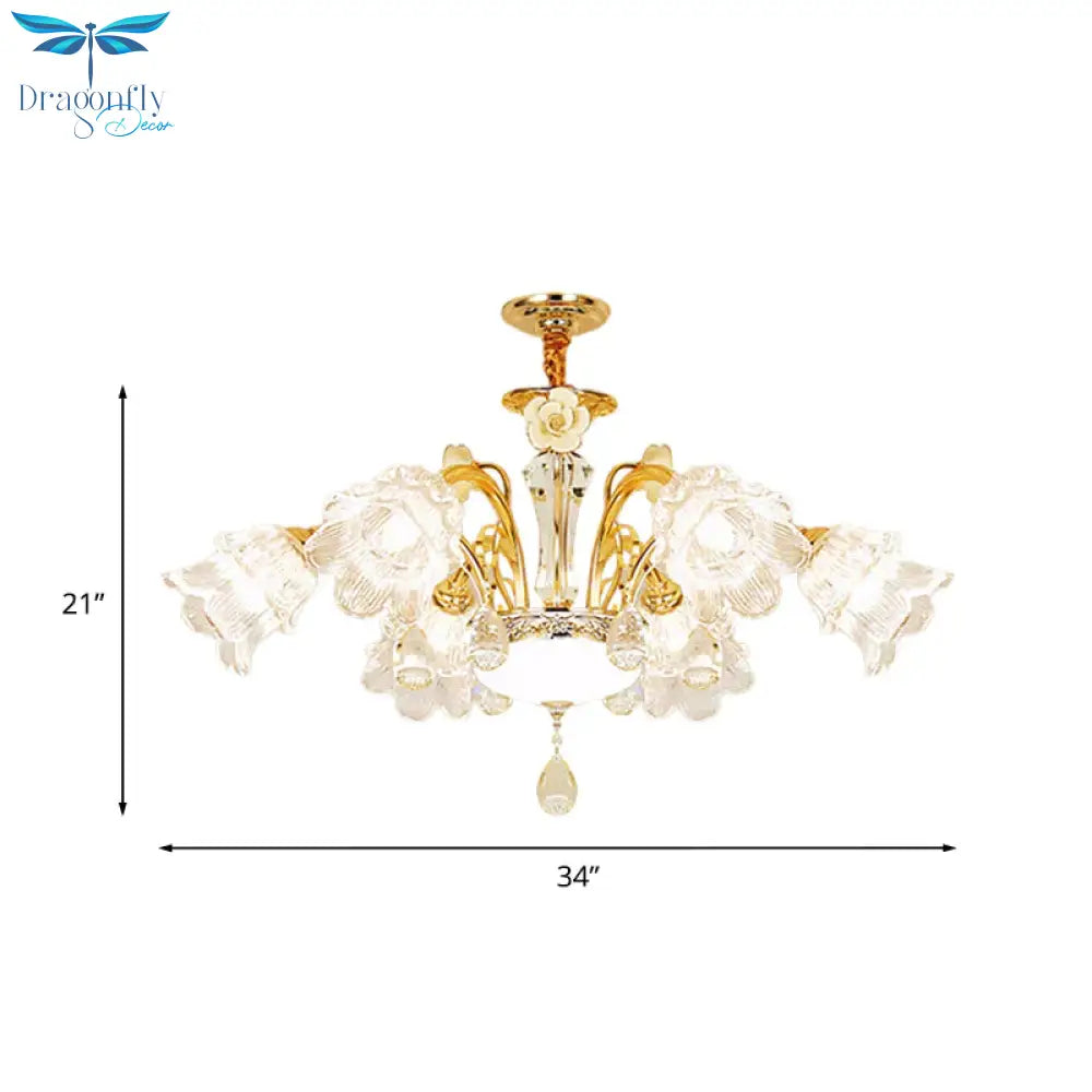 Flower Dining Room Chandelier Lamp Mid Century Clear Glass 3/6 - Bulb Gold Pendant With Crystal